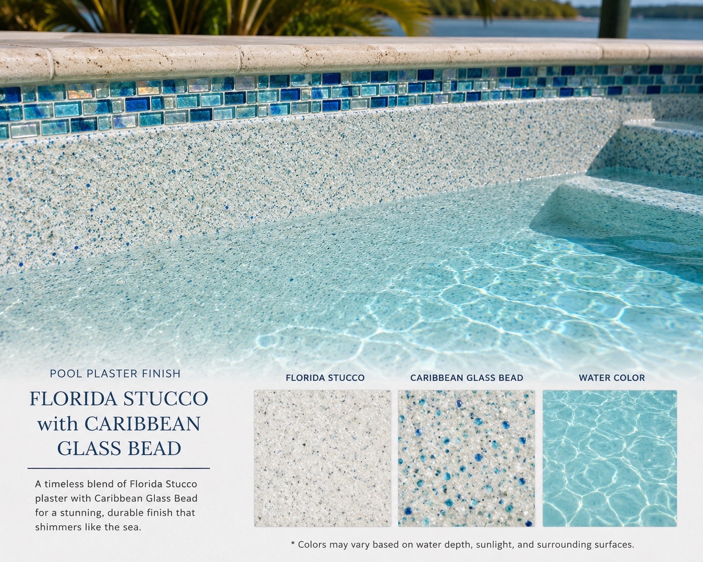 Florida Stucco Florida Stucco with Caribbean Glass Bead pool finish shown as a sample, empty pool and filled pool