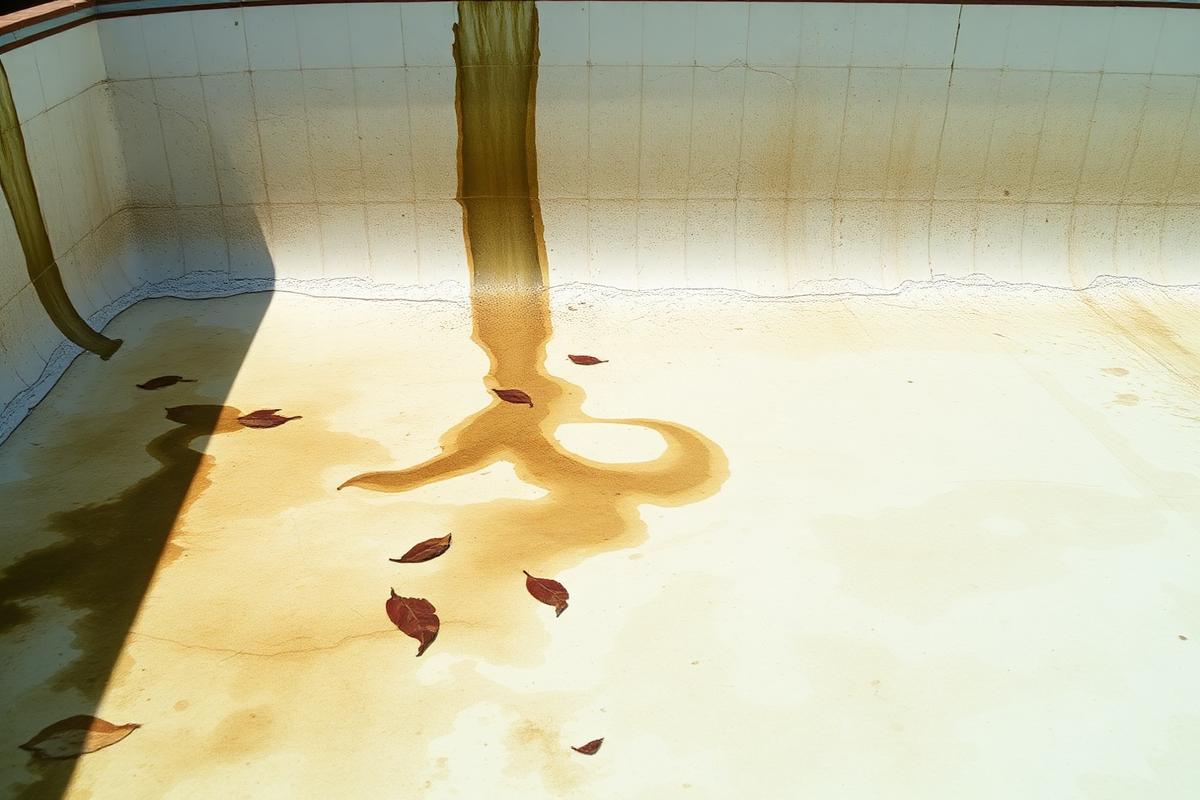 Drained pool with brown leaf stains and algae discoloration before acid washing