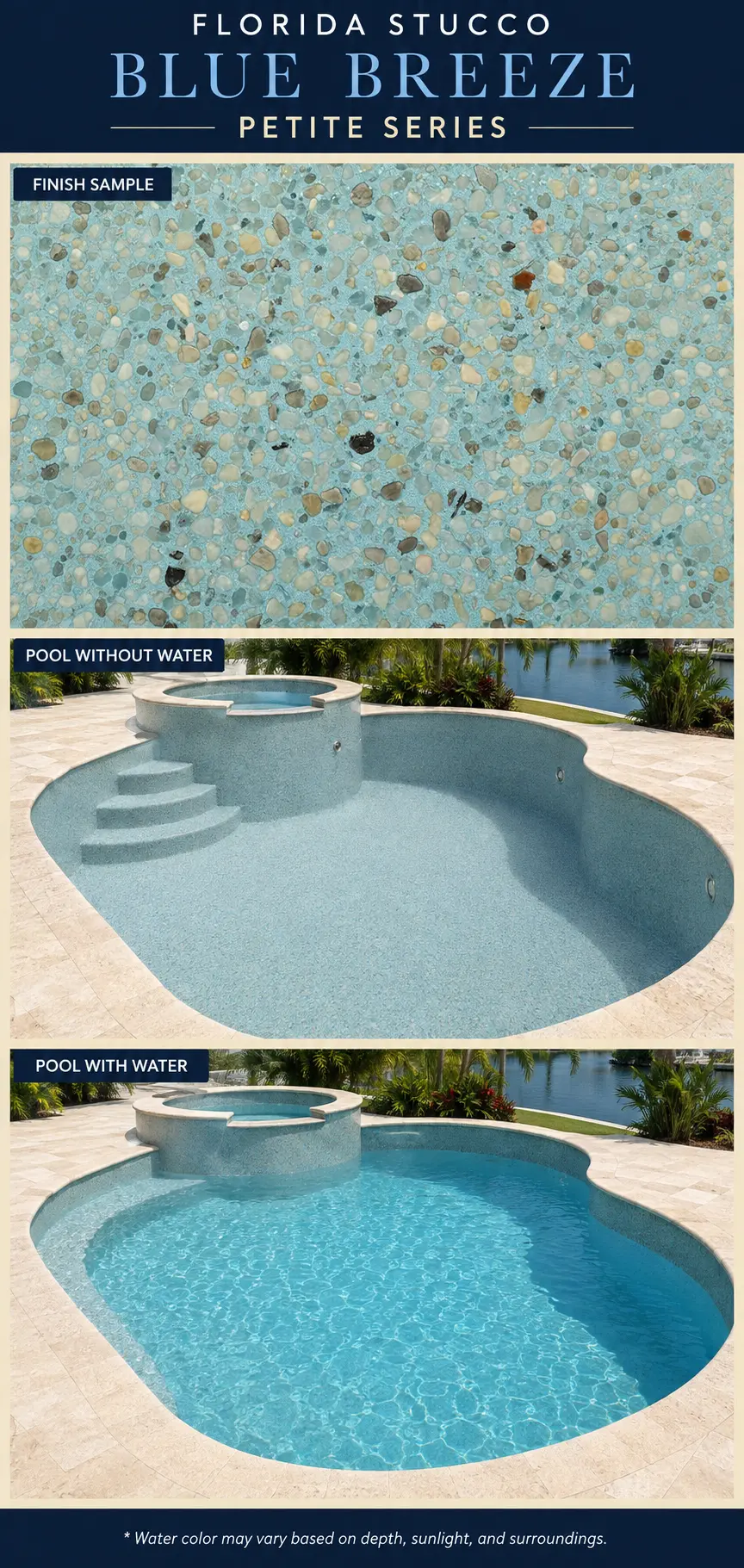 Florida Stucco Blue Breeze pool finish shown as a sample, empty pool and filled pool