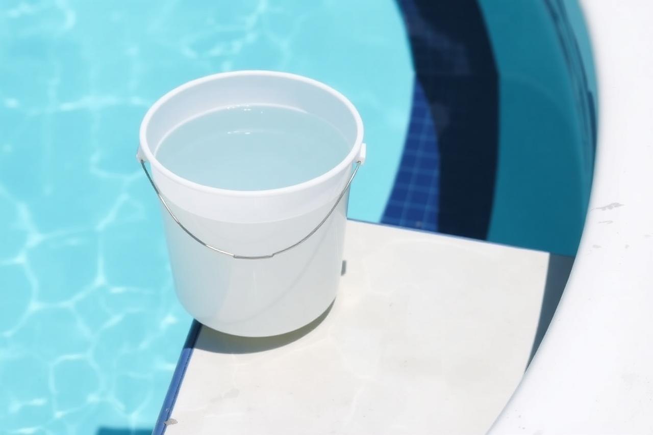 A five gallon bucket of water sitting on a pool step during a bucket test