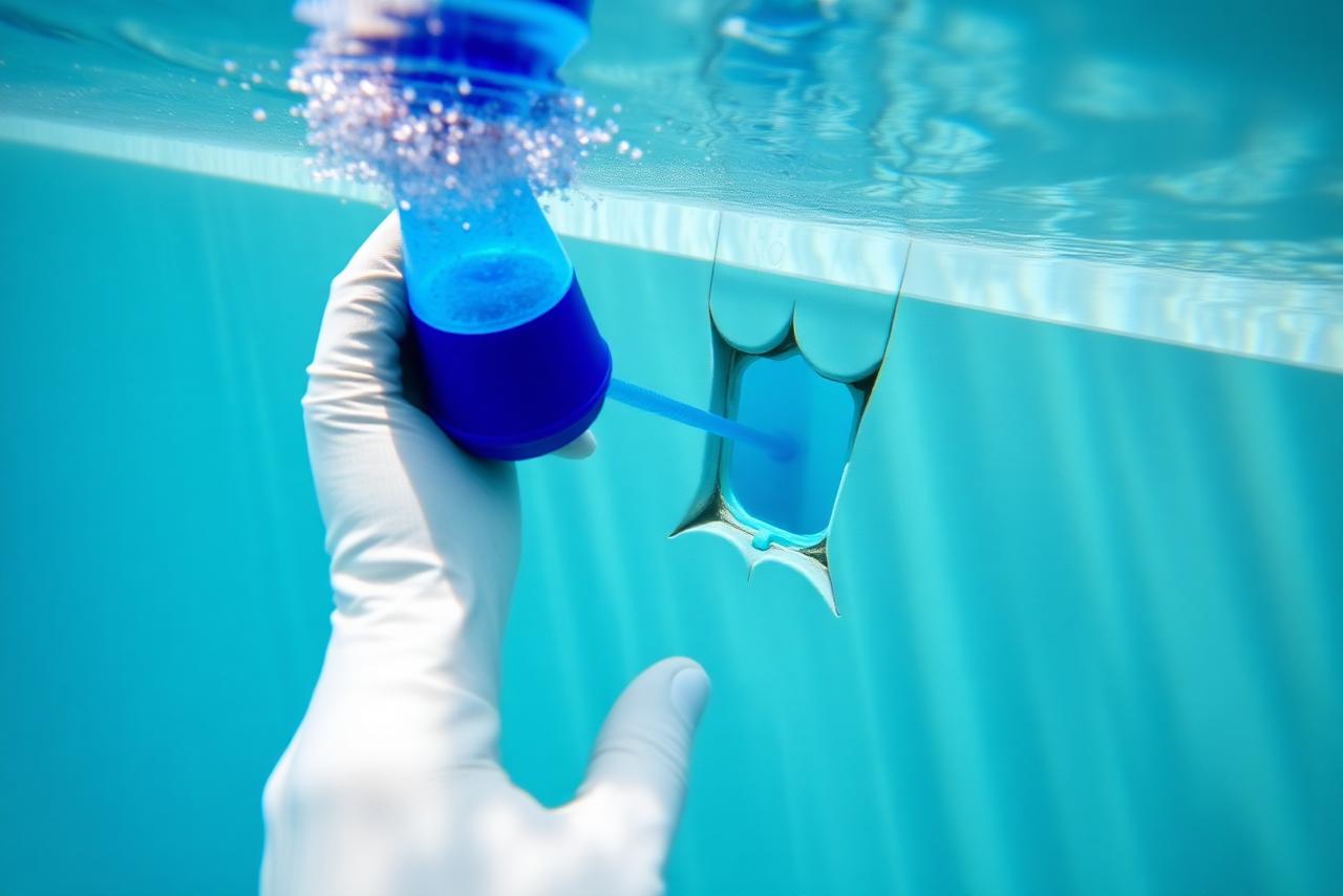 Blue dye being released underwater next to a crack in a pool wall to trace a leak