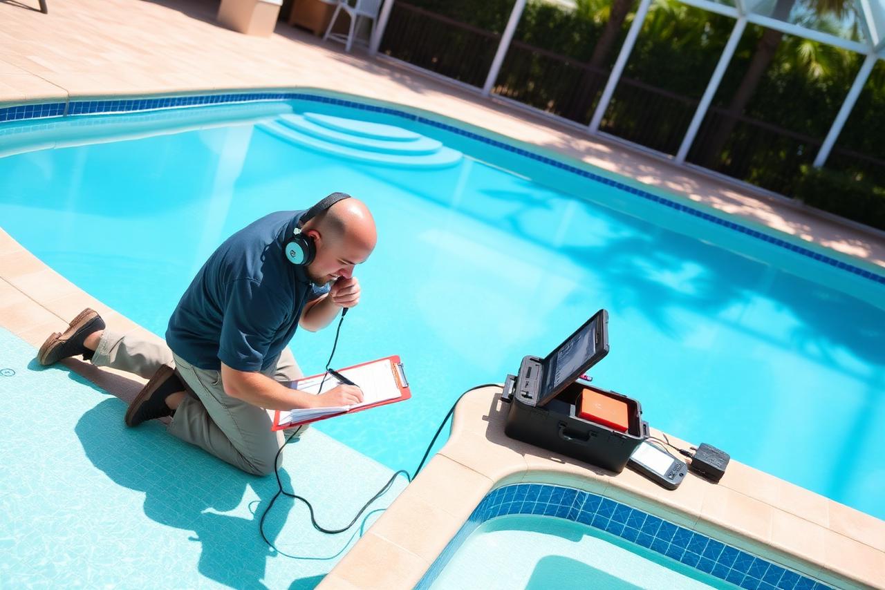 Eden technician performing electronic leak detection on a screened Florida pool
