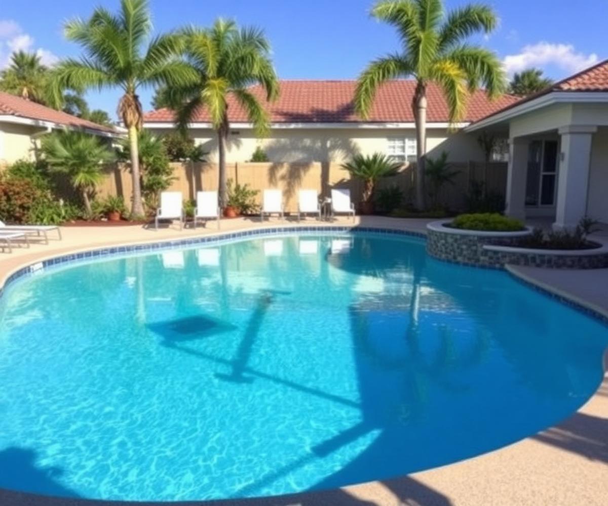 Sparkling Florida backyard pool surrounded by palm trees