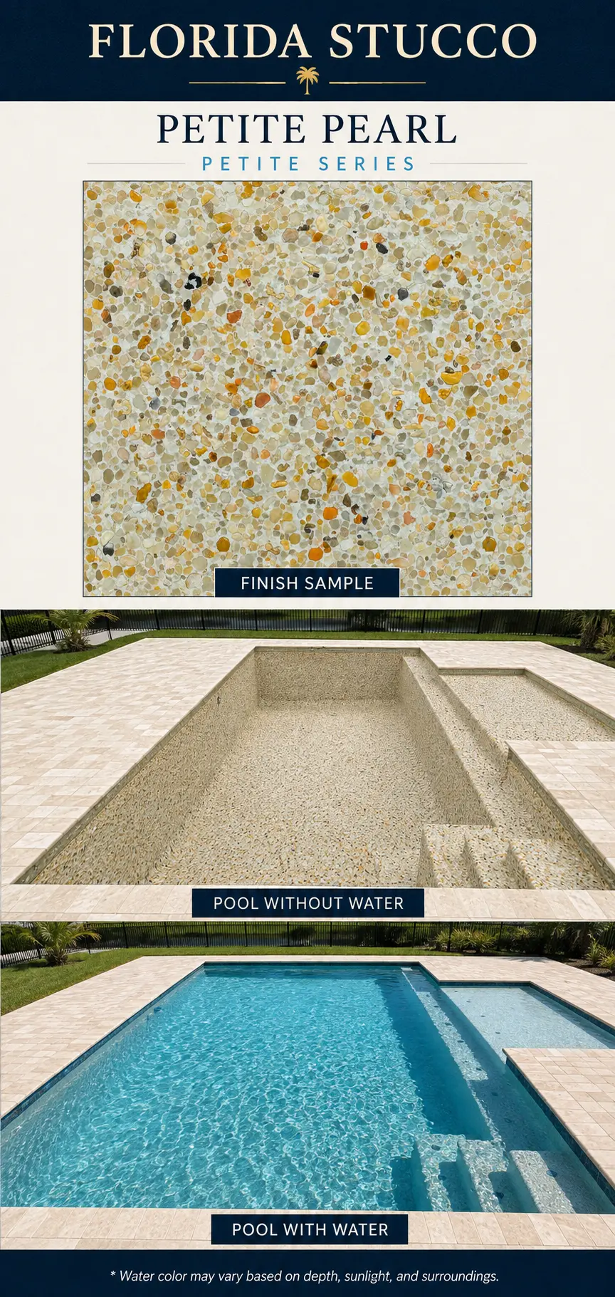 Florida Stucco Petite Pearl pool finish shown as a sample, empty pool and filled pool