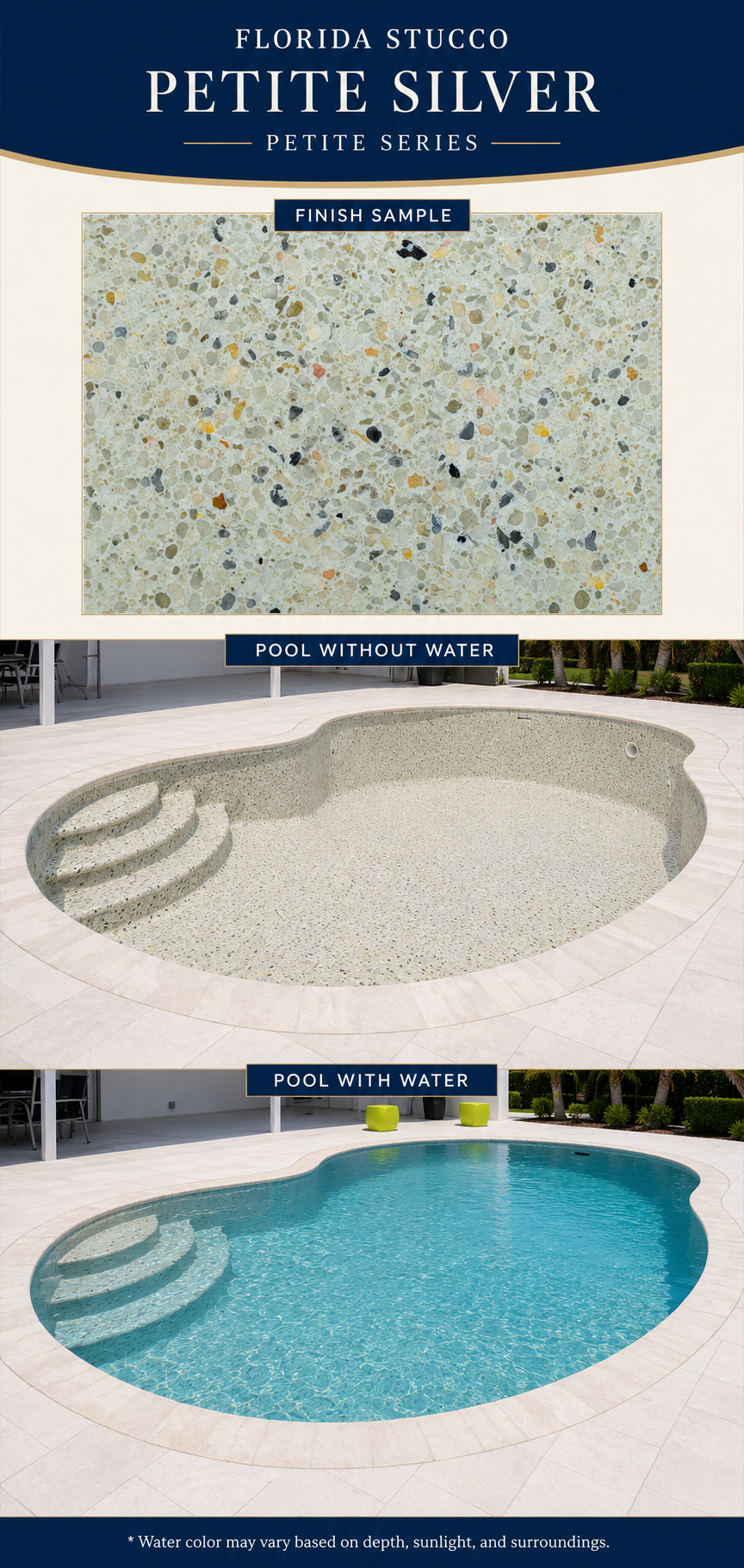 Florida Stucco Petite Silver pool finish shown as a sample, empty pool and filled pool