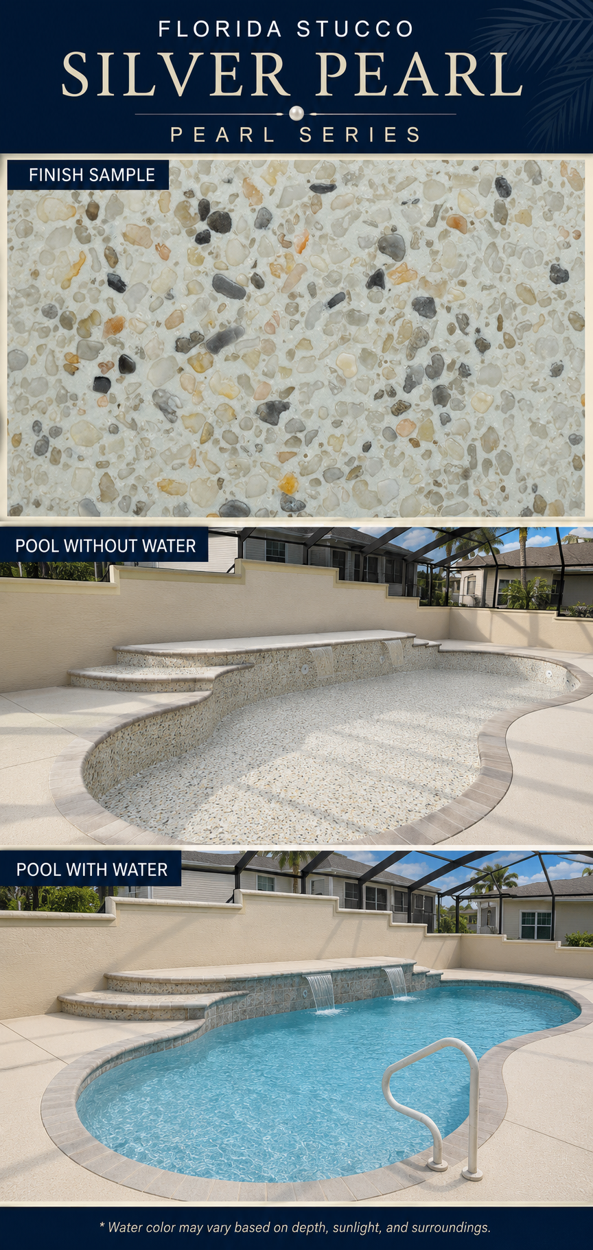 Florida Stucco Silver Pearl pool finish shown as a sample, empty pool and filled pool