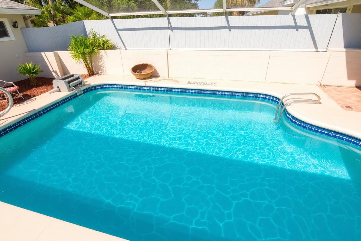 The same pool after restoration, with clear turquoise water, clean tile and a repaired deck