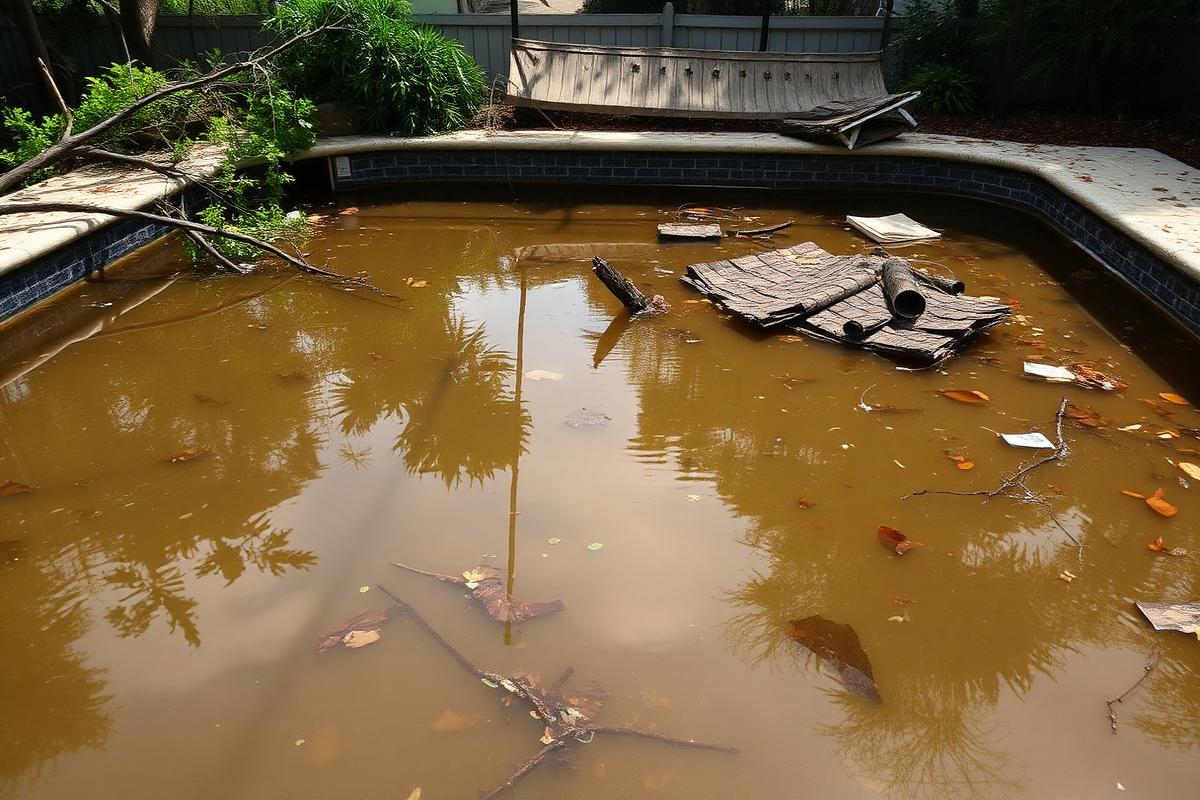 Storm-damaged pool filled with muddy floodwater, branches, roof shingles and screen enclosure debris