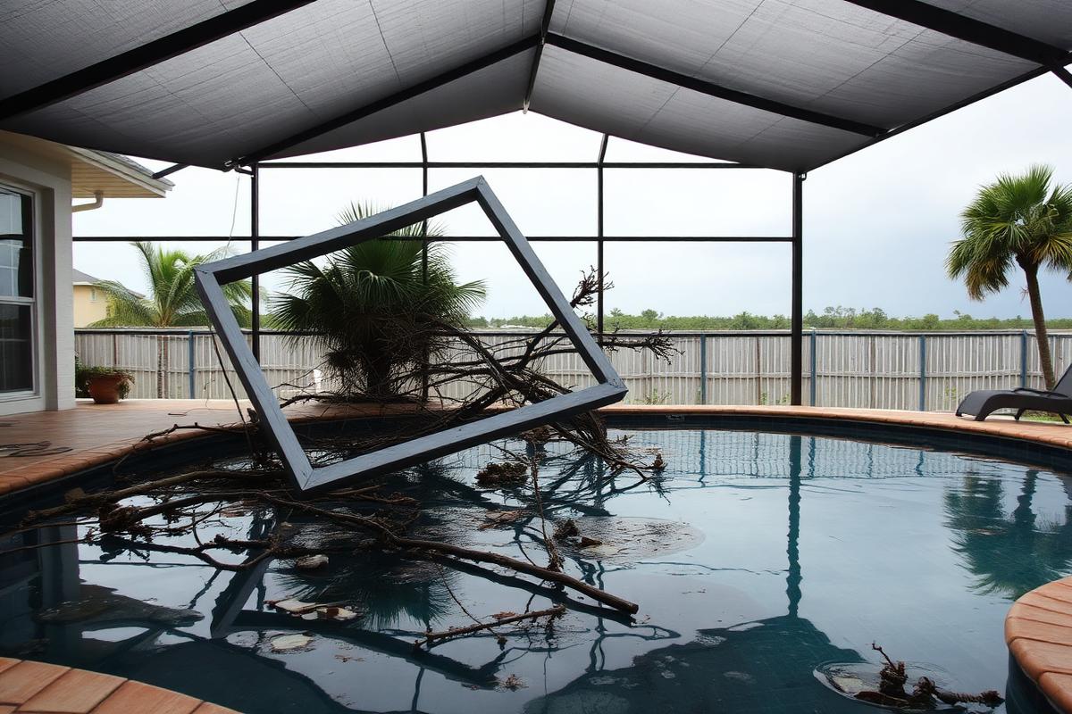 Hurricane-damaged Florida pool with a collapsed screen enclosure frame and debris in the water